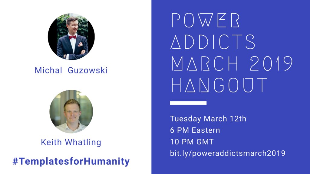 that_API_guy's tweet photo. Don't forget to join us tomorrow for the next #PowerAddicts hangout.
Great demo lined up from @michaelguzowski
Keith will share more about the #TemplatesForHumanity movement.
So much exciting stuff!
Fear you will miss out? Download the calendar invite - https://t.co/AiMxmj5Agw https://t.co/yuIZa629KL