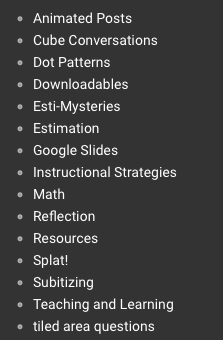 lightbody_d's tweet photo. Check out Steve Wyborney's math blog for estimation activities, number talks, etc. See complete list of categories below. So practical and engaging! Subscribe to receive extra resources. https://t.co/Xg9jNwkGs4 #thinklangley @SteveWyborney https://t.co/SCFk1G2nFk