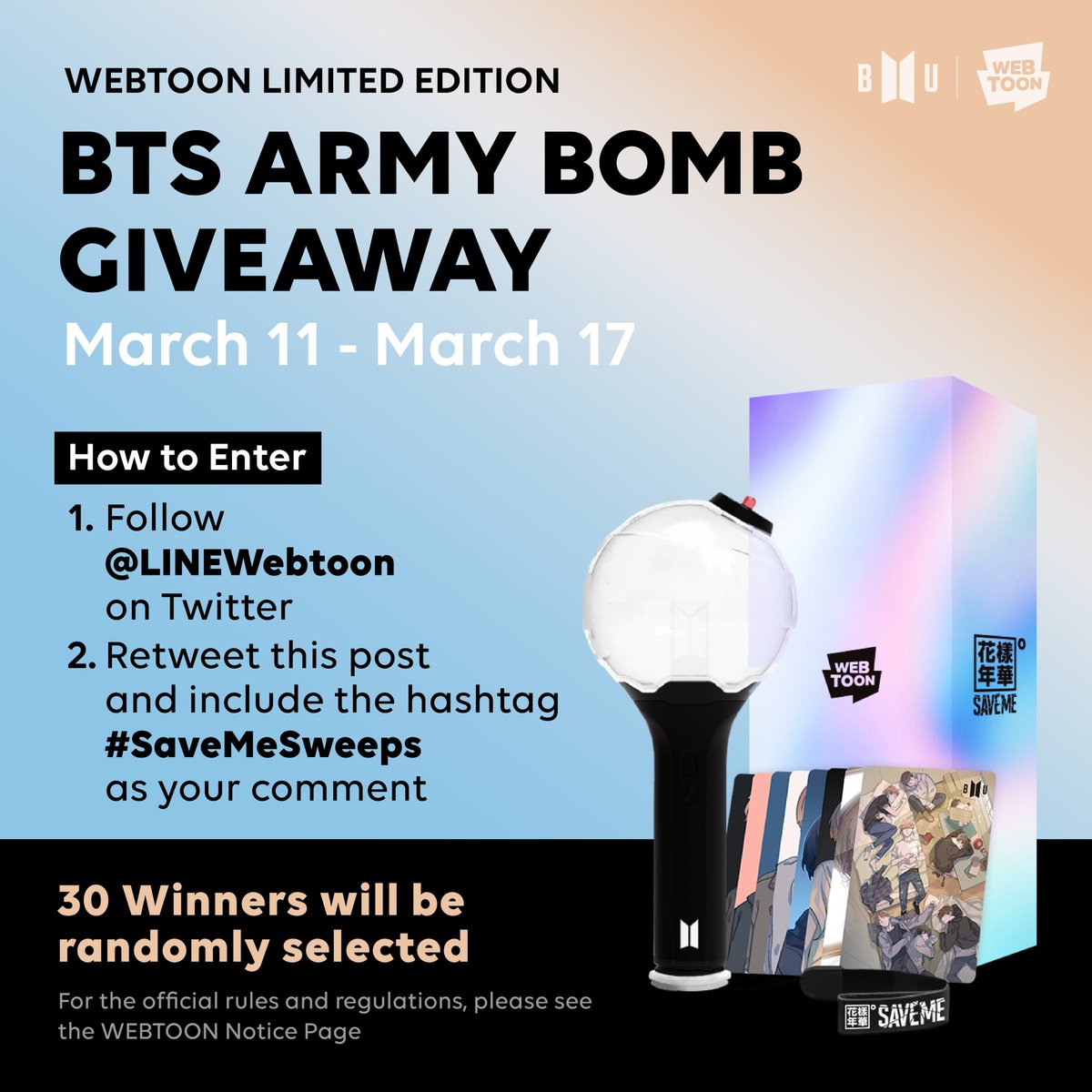 We’re giving away 30 LIMITED EDITION <SAVE ME> BTS Army Bomb Light Sticks! 

For the official rules and regulations: bit.ly/2NYD4jl
 
Good luck! #BU_official #BU_webtoon #SAVEME #BTS_theory #BTS_universe #BTS