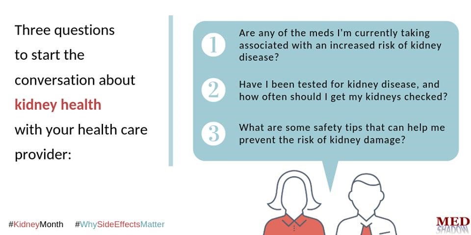 CDCareOhio's tweet photo. No matter the kind, all medication eventually travels through your #kidneys. Here are three questions you should consider asking your doctor at your next visit. #NationalKidneyMonth #SideEffectsMatter. Courtesy of @Med_Shadow https://t.co/6h5k5Wr5MN