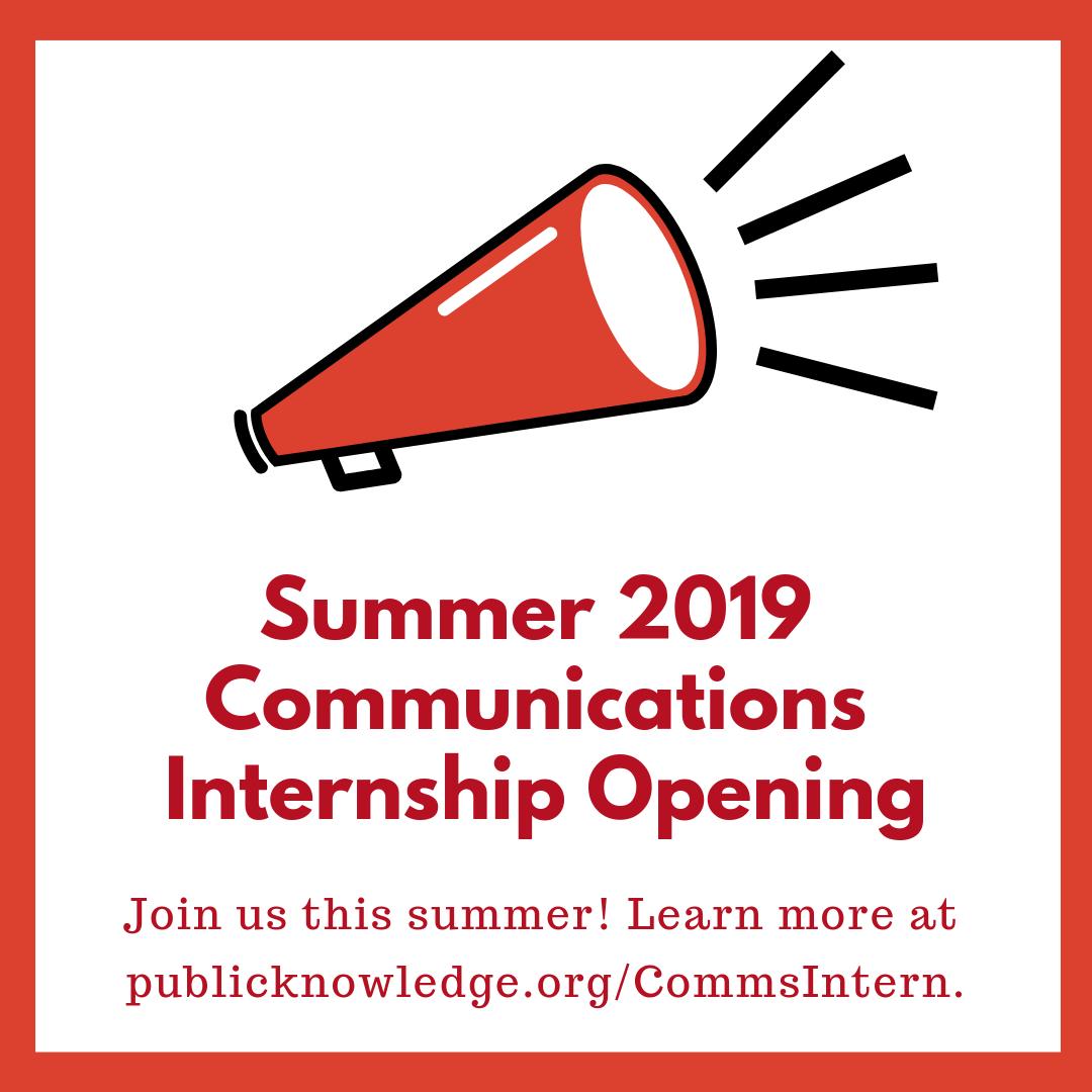 We're hiring a #CommsIntern for Summer 2019! Join our dynamic #communications team: publicknowledge.org/job-opening-co… #hiring #jobs #summerinternships #interships #dcinternships