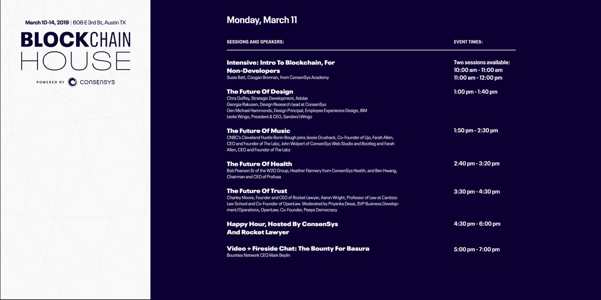 EtherealSummit's tweet photo. Today's schedule for #BlockchainHouseSXSW is 🔥
606 E. 3rd St. Austin, TX
#EtherealSXSW @ConsenSys https://t.co/0EppAzJWFZ