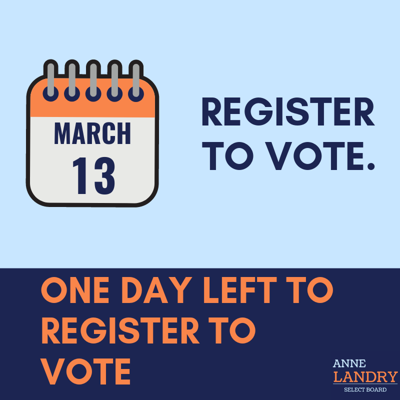 AnneforReading's tweet image. Tomorrow is the last day to register to vote for election day on Tuesday, April 2nd! Still need to register? Go to sec.state.ma.us/ovr/
