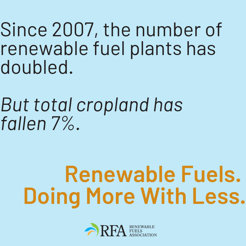 EthanolRFA's tweet photo. Since the #RFS2 was adopted in 2007, the number of ethanol plants has doubled, but total cropland has fallen 7%. #DoingMoreWithLess https://t.co/53DzEA69Aj