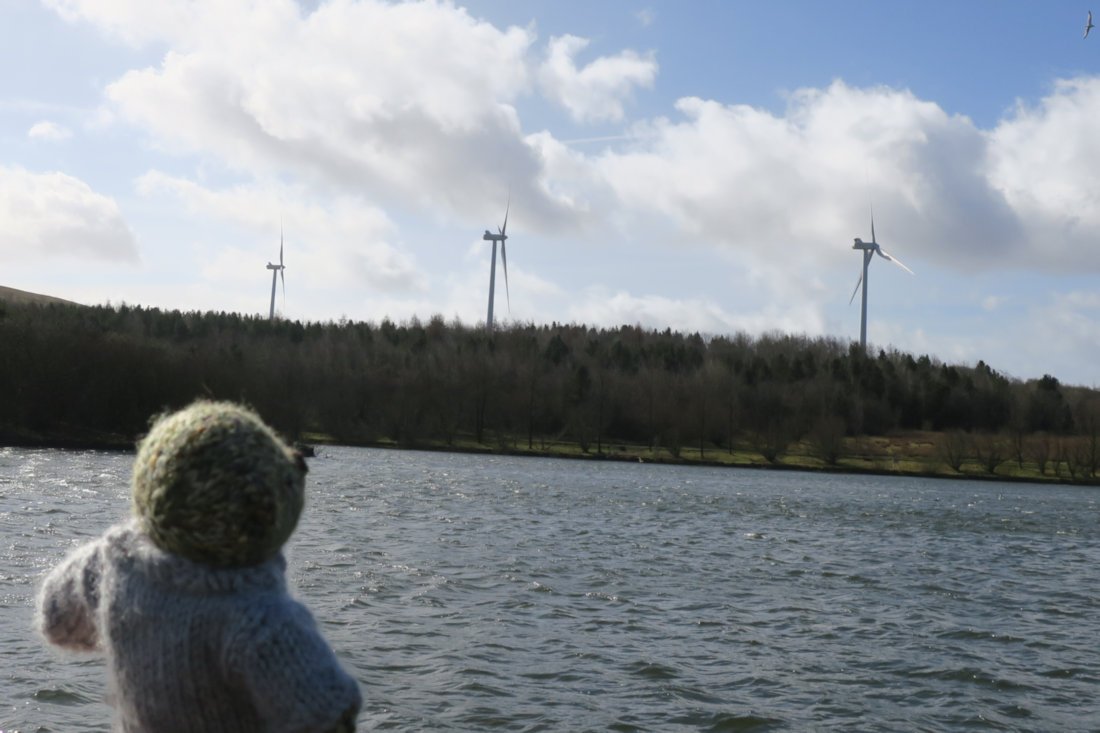 When we got to the lake, I could see wind turbines up on the hilltops. I think they are super. #FromAmbrose #KnittedBears #FurryTails
