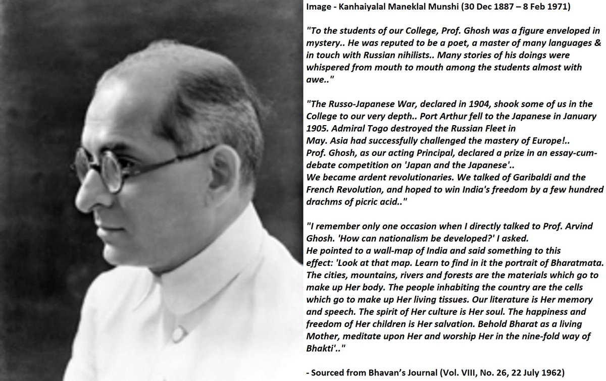 34) Resuming to teach in Baroda:~ Early 1905, Gaekwad had plans to leave for Europe, & he allowed  #SriAurobindo to devote more of His time to Baroda College, as vice principal & a professor..His revolutionary passion would reflect in His students also, incl. one K. M. Munshi: