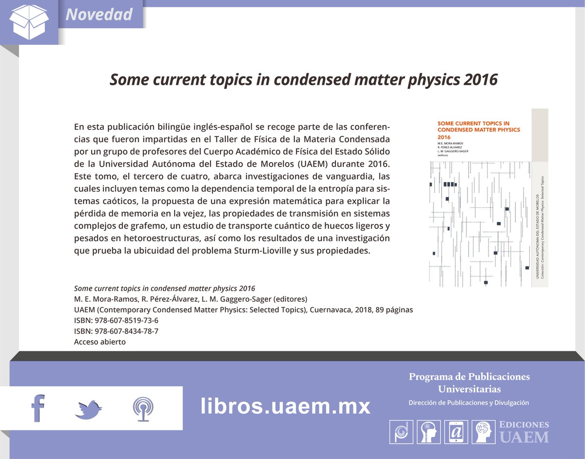 EdicionesUAEM's tweet photo. #NovedadEditorialUAEM
Some current topics in condensed matter physics 2016
por
M. E. Mora-Ramos, R. Pérez-Álvarez, L. M. Gaggero-Sager (editores)
https://t.co/sIYXv3JCpW…
#UAEM
#Morelos
#EdicionesUAEM
#PresenciaEditorial
#AccesoAbierto https://t.co/TAmx39b2Oz