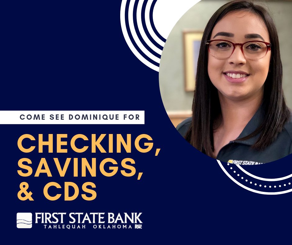 FSBTahlequah's tweet image. Looking for checking, savings, and CDs? Come by and see Dominique today! #ShopTahlequah #BankLocal #FSBTahlequah