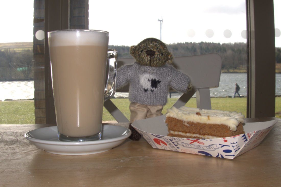 Carrot cake and a tall latte? Oh yes! So nice to be out and about with Grandpaw. #FromAmbrose #KnittedBears #FurryTails