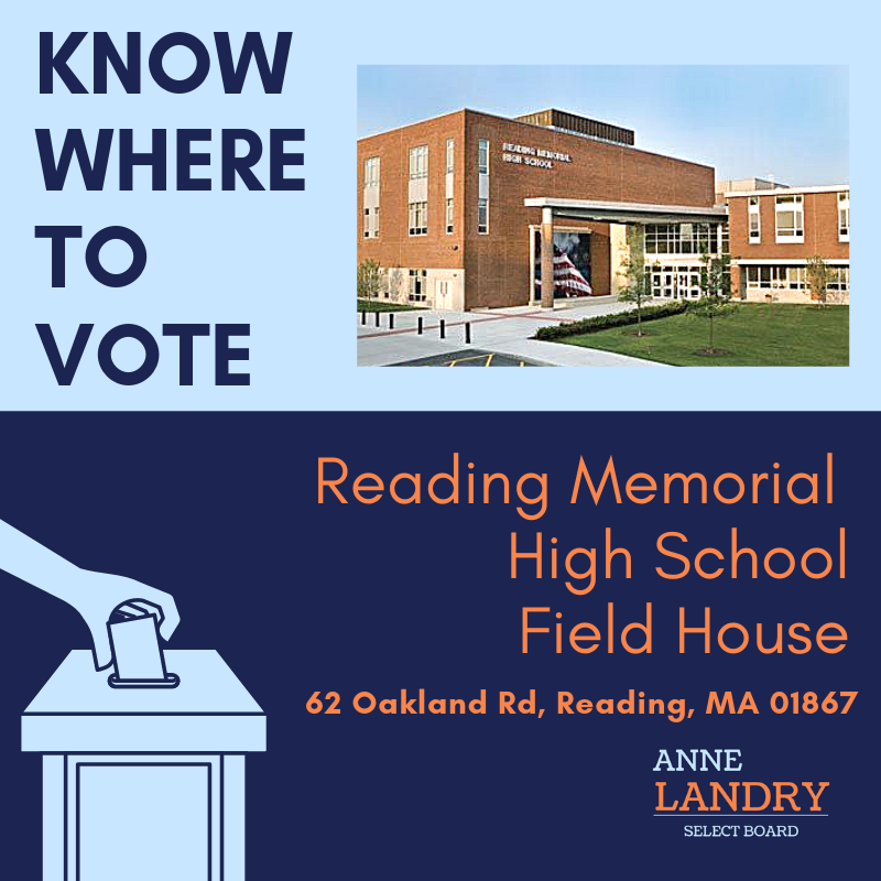 AnneforReading's tweet image. There's only one week left before election day. Do you know where to vote? Make a plan to get to the Reading Memorial High School Field House to vote on Tuesday, April 2nd.
