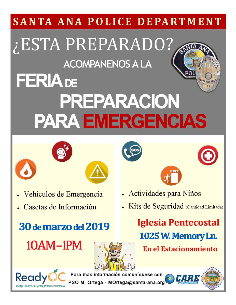 Are you prepared in case of an emergency? Do you know what to do? Join #SantaAnaPD for an Emergency Preparedness Fair on Saturday, March 30th at Pentecostal Church (1025 W. Memory Lane) from 10AM-1PM. See flyer ⬇️ for more information <a href="/ReadyOC/">ReadyOC</a> #BePrepared #SafetyFirst
