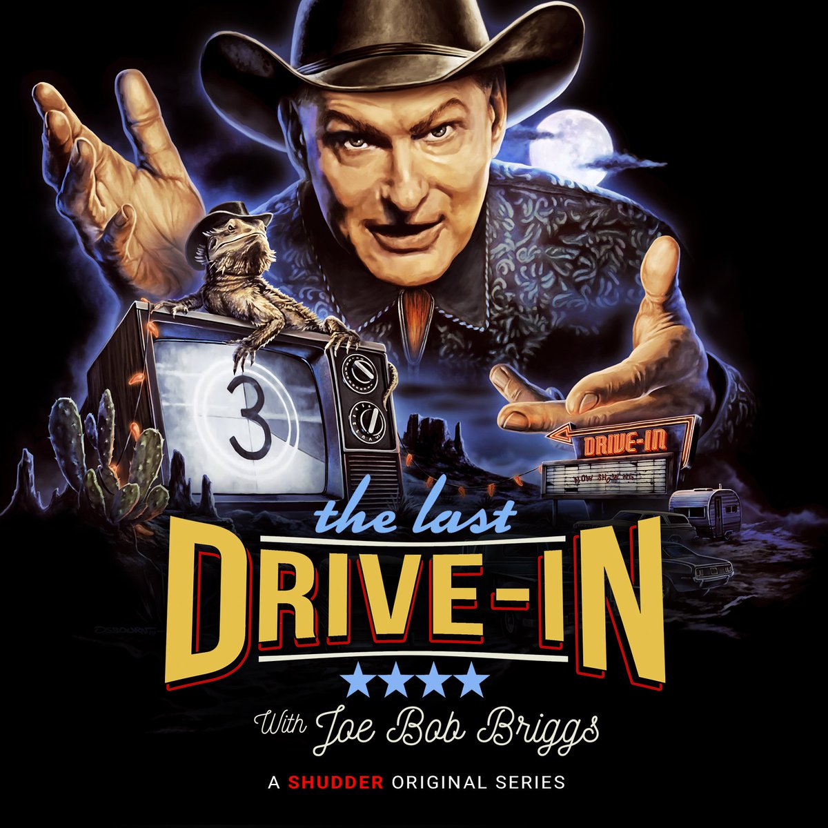 Check out the official art for the upcoming Joe Bob Briggs series! Join <a href="/therealjoebob/">Joe Bob Briggs</a> for The Last Drive-In starting on March 29th at 9PM ET, only on Shudder!