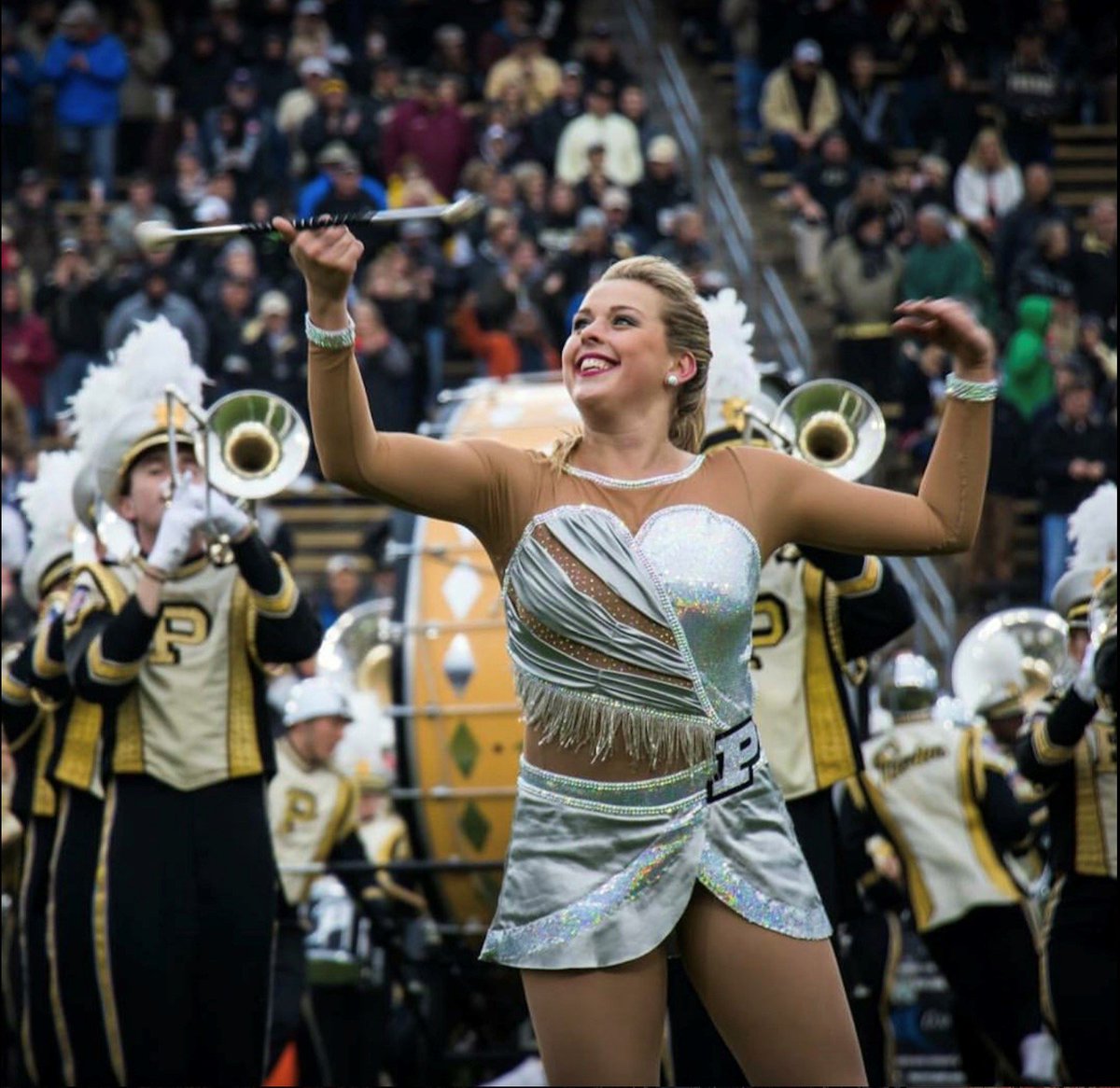 PurduePromise's tweet photo. #MotivationMonday: "My name is Brooke Wyatt, and this is my 2nd year as a Silver Twin, one of the feature twirlers with the Purdue All-American Marching Band. Twirling in college was a dream come true. Boiler Up!" #PurduePromise #CollegeEngagement #CampusInvolvement @PurdueBands https://t.co/T5hFUcZsFo