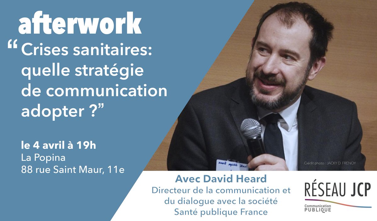 À vos agendas ! Prochain #afterwork du <a href="/reseauJCP/">Réseau Jeunes Communicants Publics</a> le jeudi 4 avril à 19h, en présence de David Heard, directeur de la communication et du dialogue avec la société chez @santeprevention. Les inscriptions, c'est ici > bit.ly/2VTL73Q