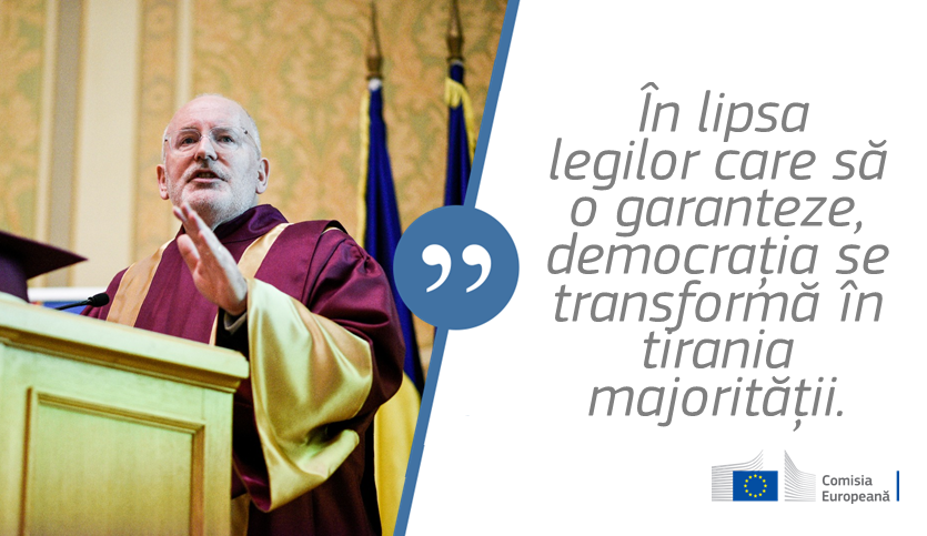 RCERomania's tweet photo. Vice-președintele CE, Frans Timmermans, a primit astăzi distincția de Doctor Honoris Causa, acordată de @SNSPA_oficial. În prezența studenților și a comunității academice, înaltul oficial european a ținut un discurs despre importanța statului de drept în Europa. 🇪🇺 https://t.co/yMGs03FiAo