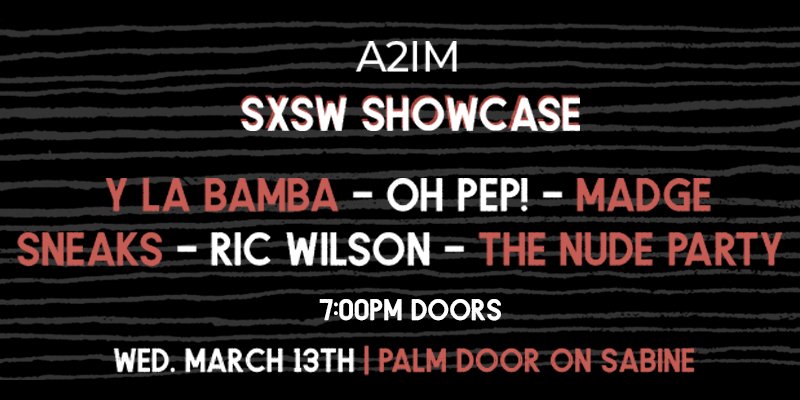 At #SXSW this week? Don't miss our first showcase ft. <a href="/ylabamba/">Y La Bamba</a> <a href="/OhPep/">Oh Pep!</a> <a href="/madge_music/">Music of Madonna</a> <a href="/RicWilson/">disco ric 💙</a> &amp; <a href="/TheNudeParty/">The Nude Party</a> at Palm Door on Sabine on Wednesday! #SXSW2019 #IndieMusic