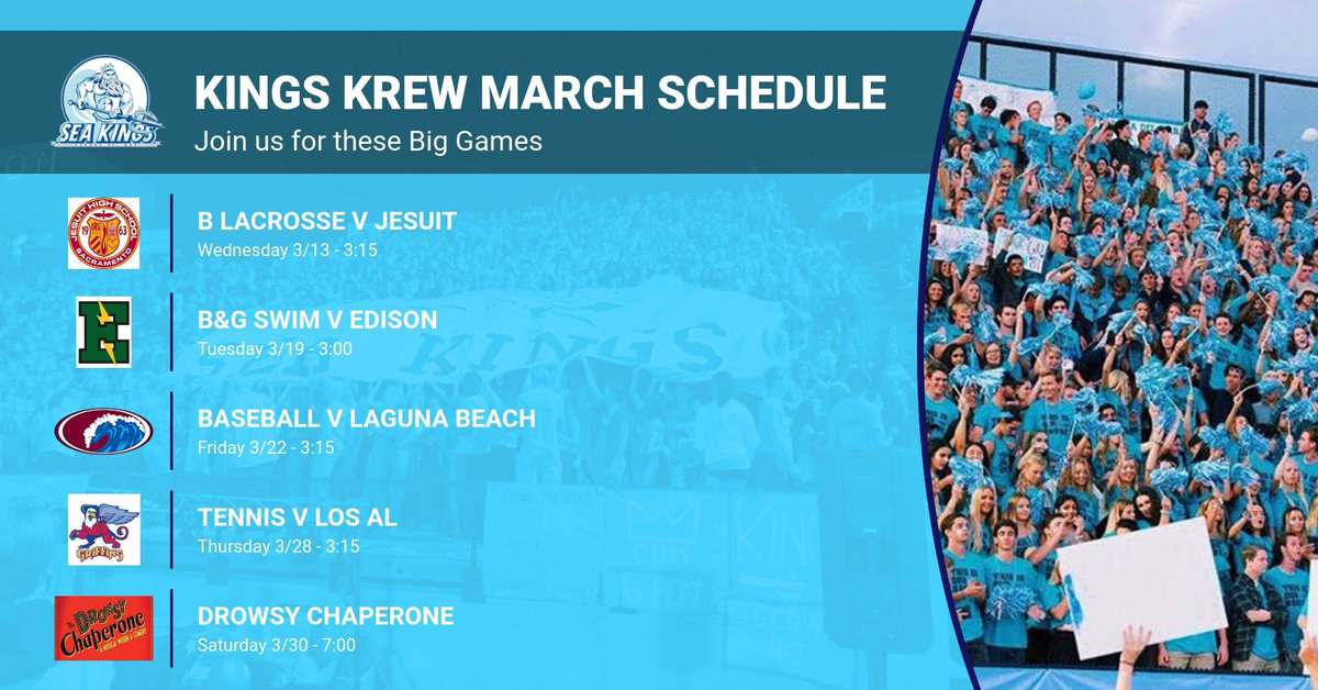 CDM ATHLETICS (@cdm_athletics) on Twitter photo King’s Krew March Schedule. We kick it off on Wednesday with our B Lacrosse game. Wear your Kings Krew shirts out to the game. Free tacos for all students who attend the game. <a href="/CdMBoysLAX/">CdM Boys Lacrosse</a> <a href="/cdmhs/">Cdm High School ASB</a> <a href="/CdM_Baseball/">Corona del Mar HS Baseball</a> <a href="/pta_cdm/">CDM PTA</a> <a href="/CdmHSPep/">CDMHS Pep</a> <a href="/CDMpride/">Corona del Mar</a> King’s Krew March Schedule. We kick it off on Wednesday with our B Lacrosse game. Wear your Kings Krew shirts out to the game. Free tacos for all students who attend the game. <a href="/CdMBoysLAX/">CdM Boys Lacrosse</a> <a href="/cdmhs/">Cdm High School ASB</a> <a href="/CdM_Baseball/">Corona del Mar HS Baseball</a> <a href="/pta_cdm/">CDM PTA</a> <a href="/CdmHSPep/">CDMHS Pep</a> <a href="/CDMpride/">Corona del Mar</a>