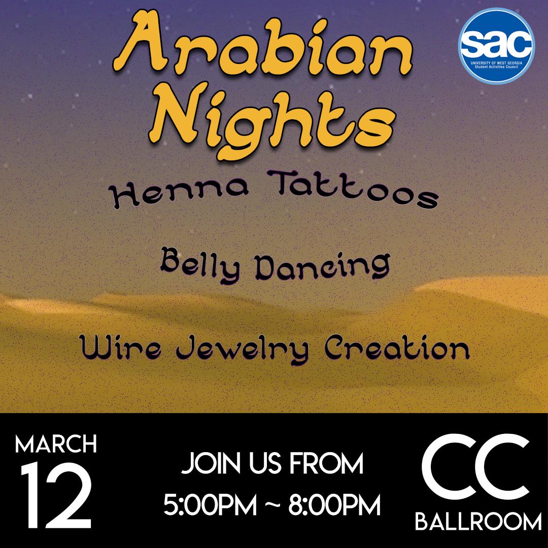 HAPPENING TOMORROW! Join SAC in the Campus Center Ballroom for Arabian Nights from 5 - 8pm.