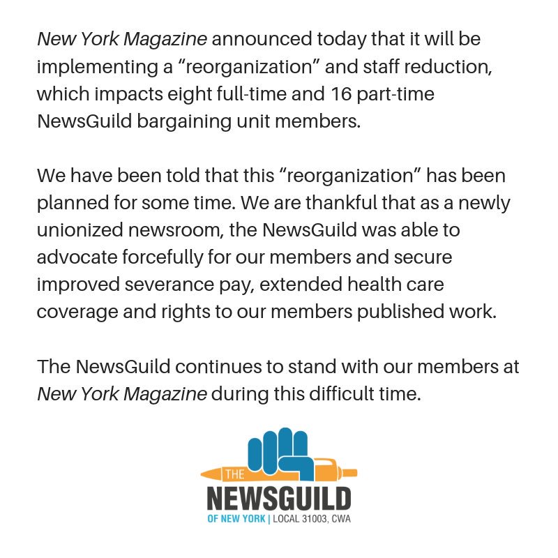 <a href="/nyguild/">NewsGuild of New York</a> statement on today’s layoffs at New York Magazine.