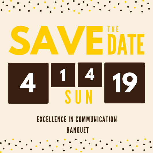 ValpoCVA's tweet photo. Save the Date! The 2019 Excellence in Communication Banquet is April 14th, 2019. More details will be announced after spring break! #ValpoEiC2019 #makeadifference #valpodeptofcomm #schnabelpride https://t.co/rGDqPuw60J