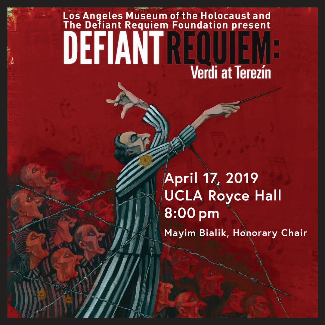 lacatholics's tweet photo. Save the date for the #DefiantRequiem concert at @ucla_roycehall. All proceeds will go to support the Holocaust education at the @LAMOTH1961. #CatholicLA https://t.co/7HSuHs568t