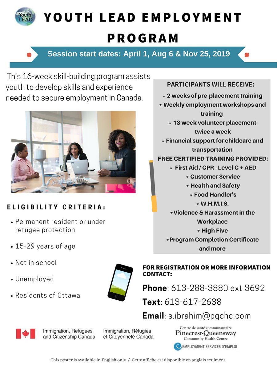 PQ_Employment's tweet photo. Are you a newcomer youth aged 15-29 looking to find employment training and on the job experience? The Youth Lead Employment Program can help you! https://t.co/l26k5uZKHD