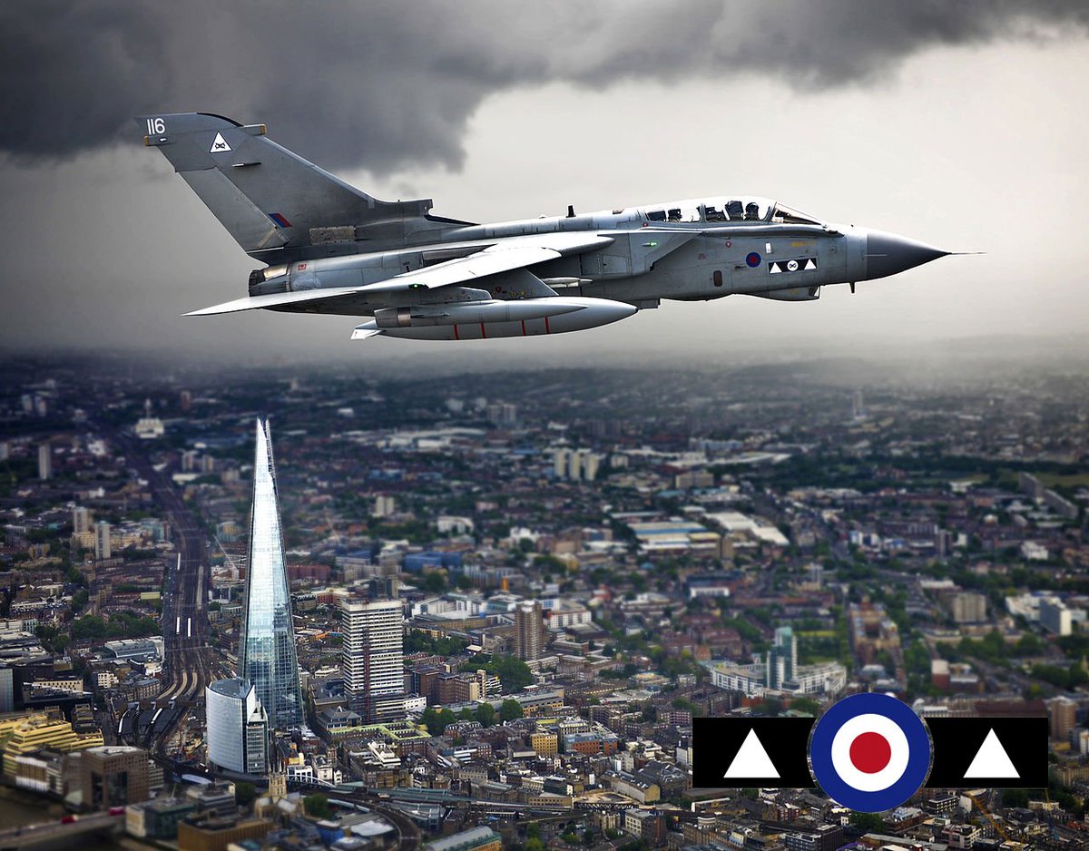 RAFPhotog's tweet photo. As the @RoyalAirForce bids farewell to the @tornadohq lets take a look through some of the Sqn's that have flown her. Starting with No. II(AC) Sqn seen here flying over @TheShardLondon during the '13 Queen's Birthday Parade. Tornados flew under II(AC) for the last time in Jan '15 https://t.co/vHjs0N5LrU