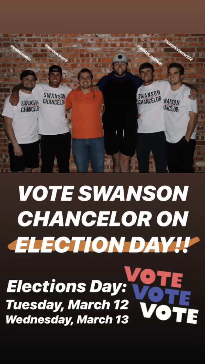 cowboystogether's tweet photo. There is no better way to ensure a bright future for the students of OSU than voting Swanson &amp; Chancelor in the presidential and vice-presidential elections this Tuesday, the 12th, and Wednesday, the 13th. Be sure to spread the word and get as many people to vote as possible! https://t.co/xxej8ylfIN