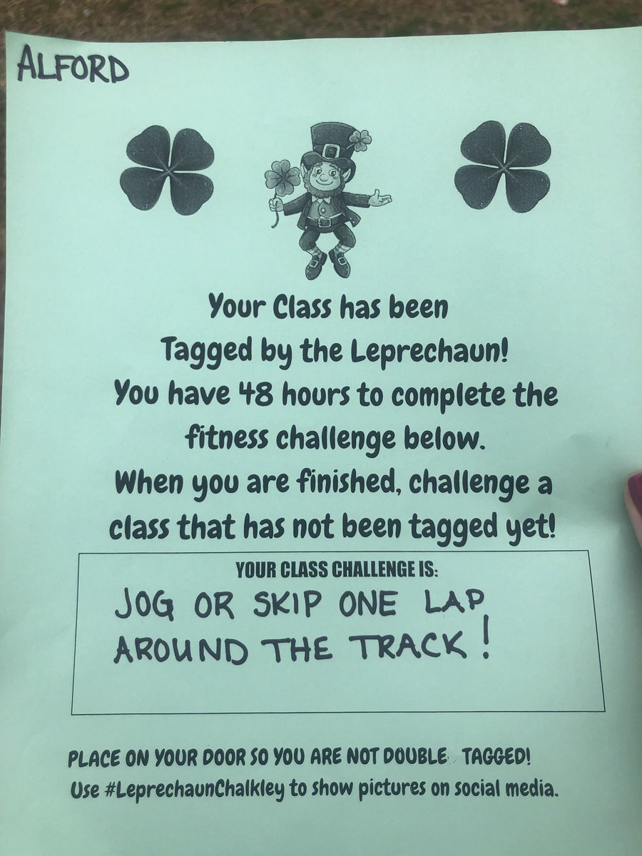 ImSorryMsAlford's tweet photo. Challenge completed #LeprechaunChalkley https://t.co/kK3aHeQ8d6
