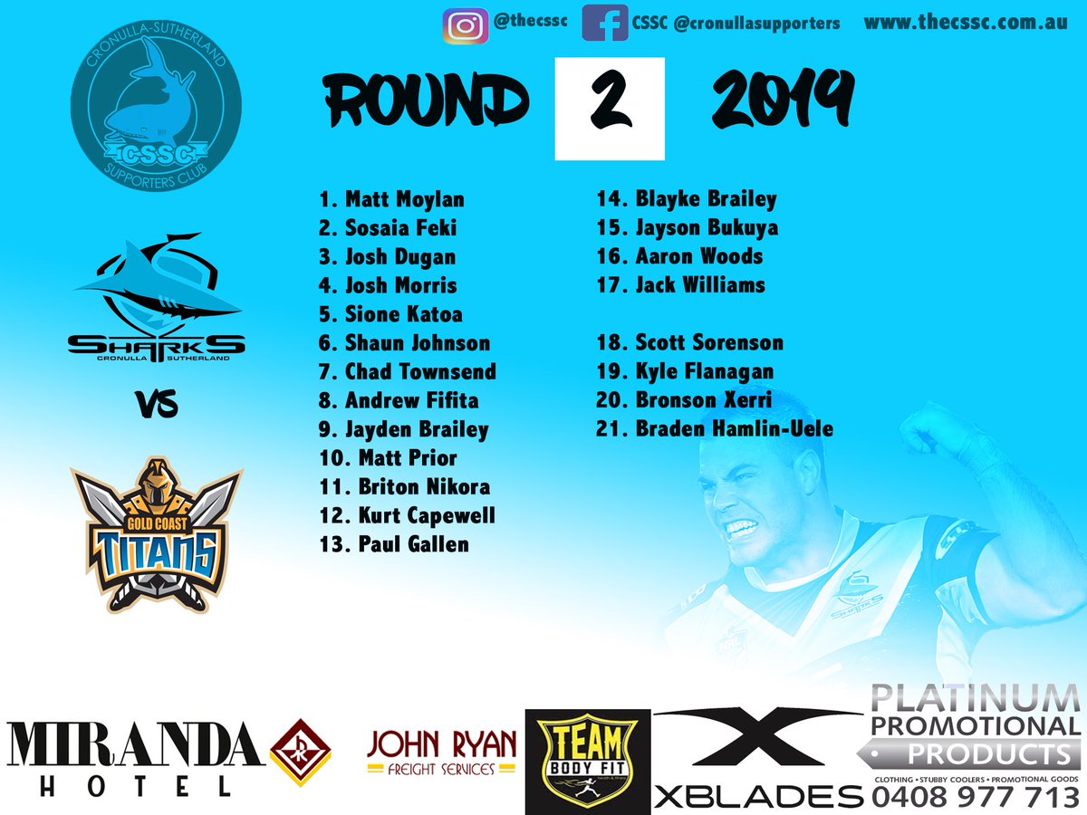 TheCSSC's tweet photo. Much of the same for Round 2 #upupcronulla #wearesharks #NRLSharksTitans #CSSC19 https://t.co/cnlFBAtoKs