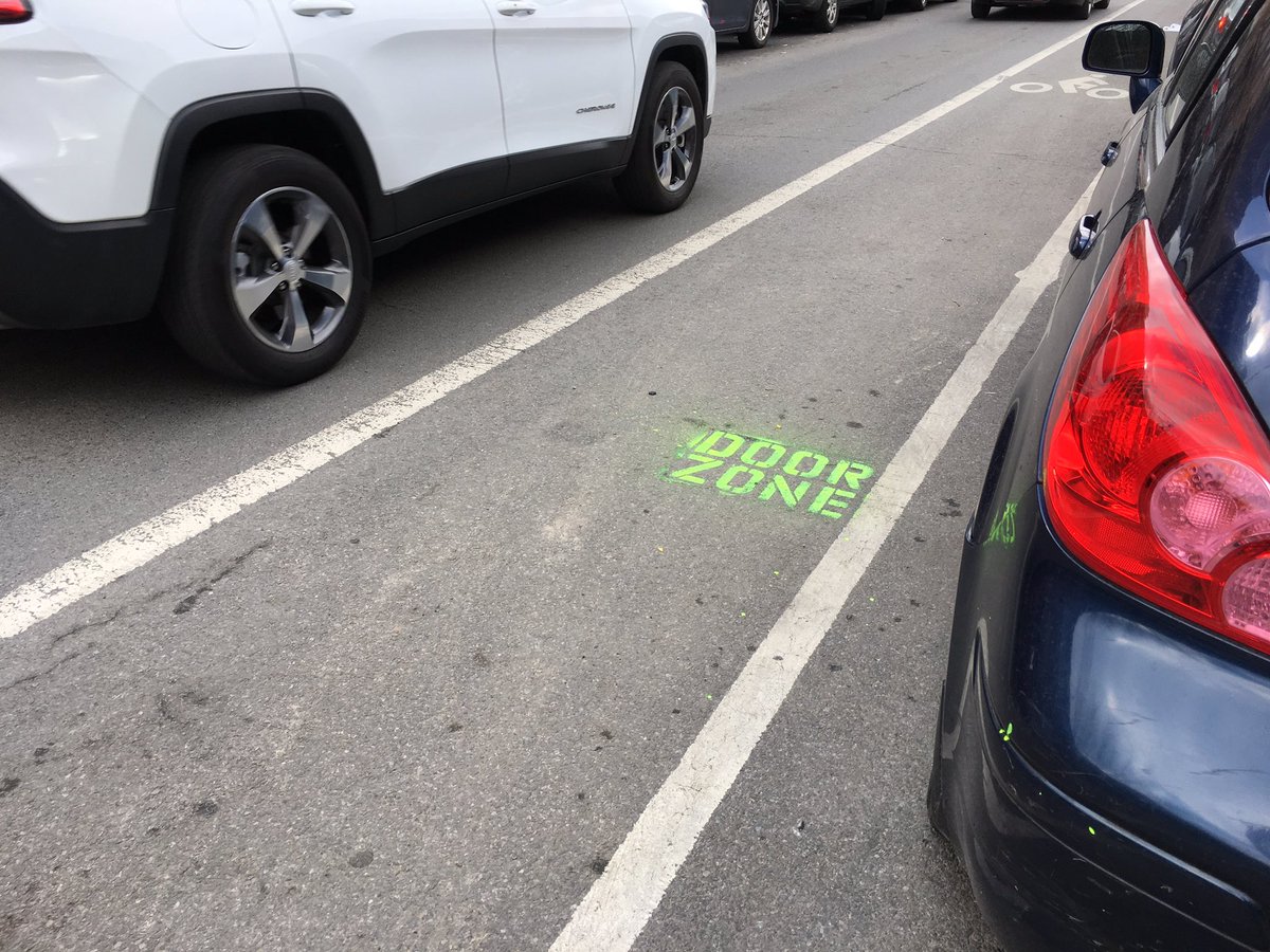 NYC_DOTr's tweet photo. Please look for these markings on your rides around the city. They are a reminder that New York City must stop building “infrastructure” known to kill people who bike. #demandmore https://t.co/X7huRQi7Tc