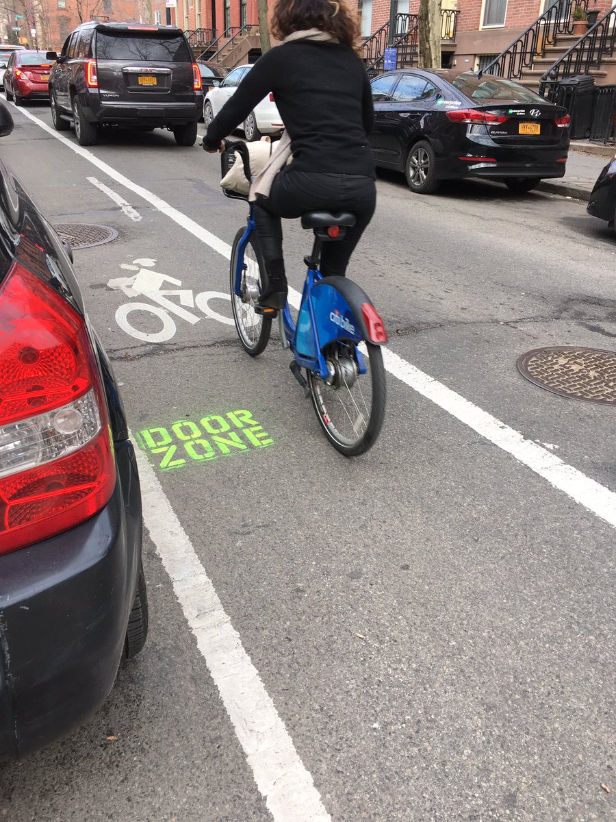NYC_DOTr's tweet photo. Please look for these markings on your rides around the city. They are a reminder that New York City must stop building “infrastructure” known to kill people who bike. #demandmore https://t.co/X7huRQi7Tc
