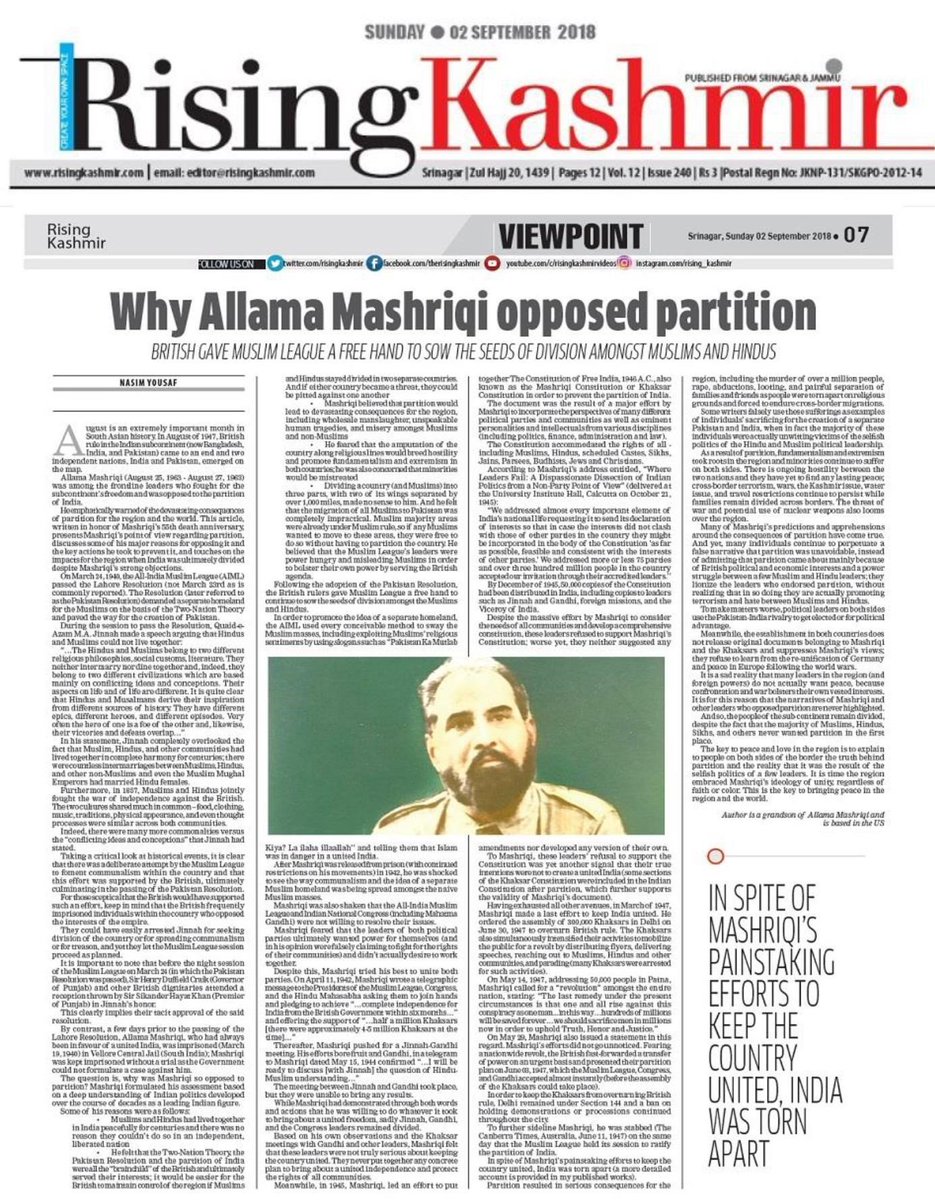AllamaMashraqi's tweet photo. "Why Allama Mashriqi Opposed the Partition of India" by Mashriqi's grandson, Nasim Yousaf (Historian and Scholar)
#AllamaMashriqi #EhsanullahKhanAslam #NasimYousaf #KhaksarTehrik #KhaksarMovement #Partition #PartitionofIndia #India #PakistanMovement #IndianMovement #Pakistan https://t.co/ArBEVbKdBS