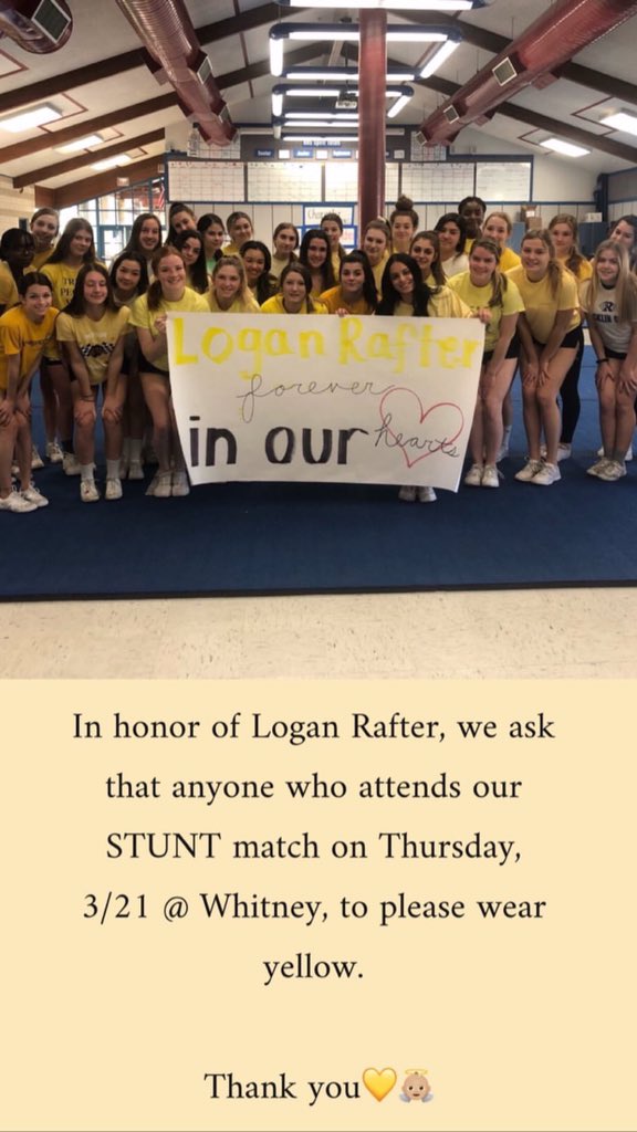 In honor of Logan Rafter, Xfactor will be wearing yellow along with rocklin at the stunt match on Thursday 3/21 at Whitney.💛