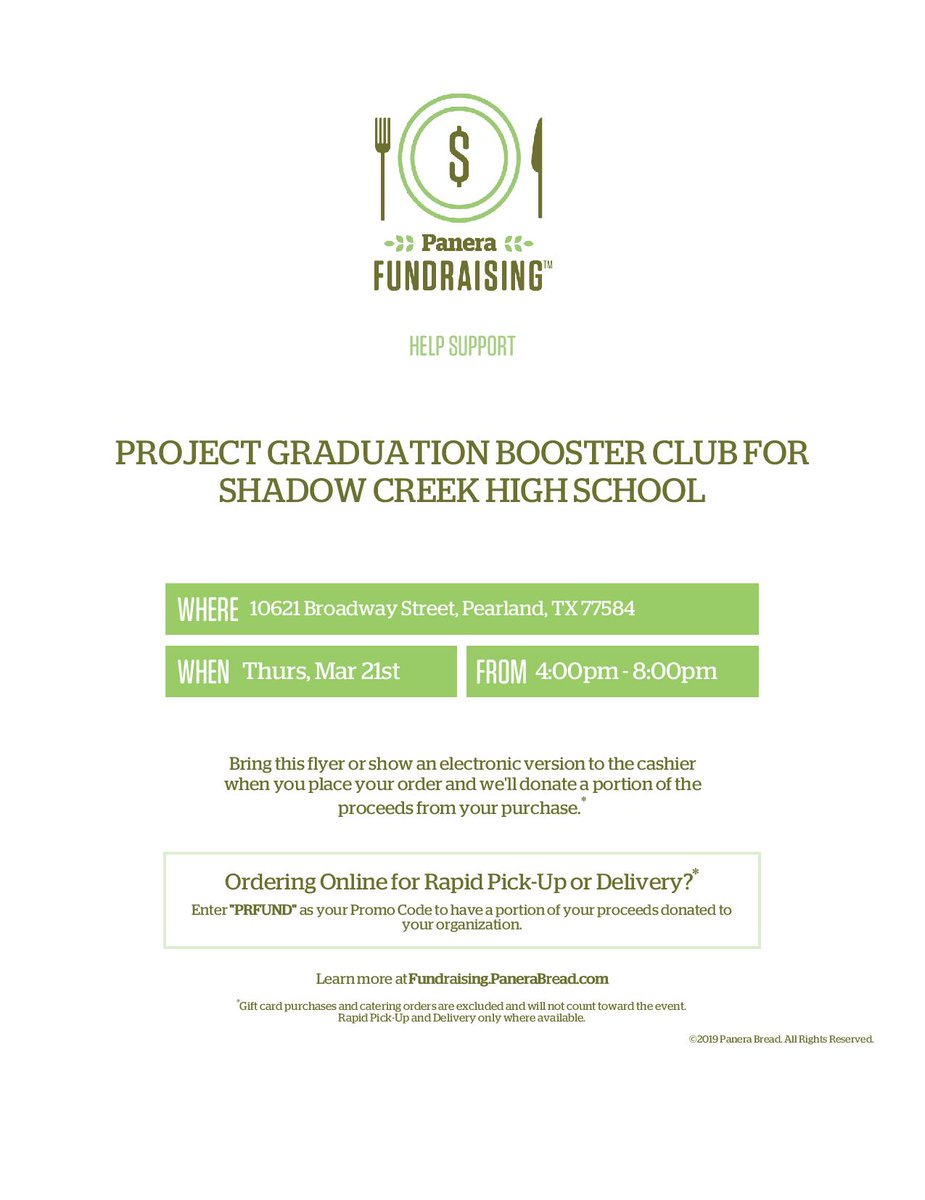 SharksProGrad19's tweet photo. Hey SCHS! Come out Thurs, 3.21 from 4:00 - 8:00pm to Panera 🍞! 🥙🥣🥪 Bring flier or show it to cashier. Spread the word - Support is appreciated! @SC2019SC @ShadowCreekHS @SharkYearbook @shadowcreekpac @ShadowCreekBand @SCsharkchoir @SharksSection @SharkCheer @SCHS_Sapphires🎓 https://t.co/DLBHjTLEPQ