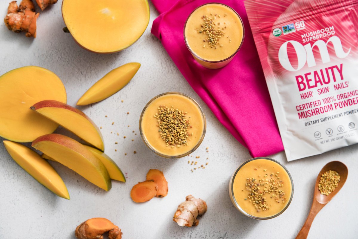 With warm weather right around the corner, we are preparing ourselves for all things #tropical with this golden #turmeric #BEAUTY smoothie ✨. Mango, banana, coconut milk, turmeric and Om BEAUTY will have your skin glowing and the #summer vibes going. bit.ly/OmGoldenSmooth…