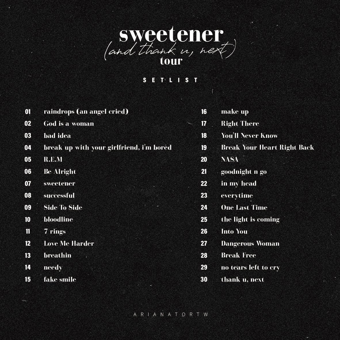 ArianatorTW's tweet photo. that’s a wrap on #SWTAlbany we made sweetener / thankunext tour setlist✨ we can’t describe how we feel about these songs... it’s literally amazing! hope the whole team can tour to TAIWAN🥺 @ArianaGrande 
#wewantsweetenerthankunexttourTAIWAN 🇹🇼 https://t.co/98859DlnzS