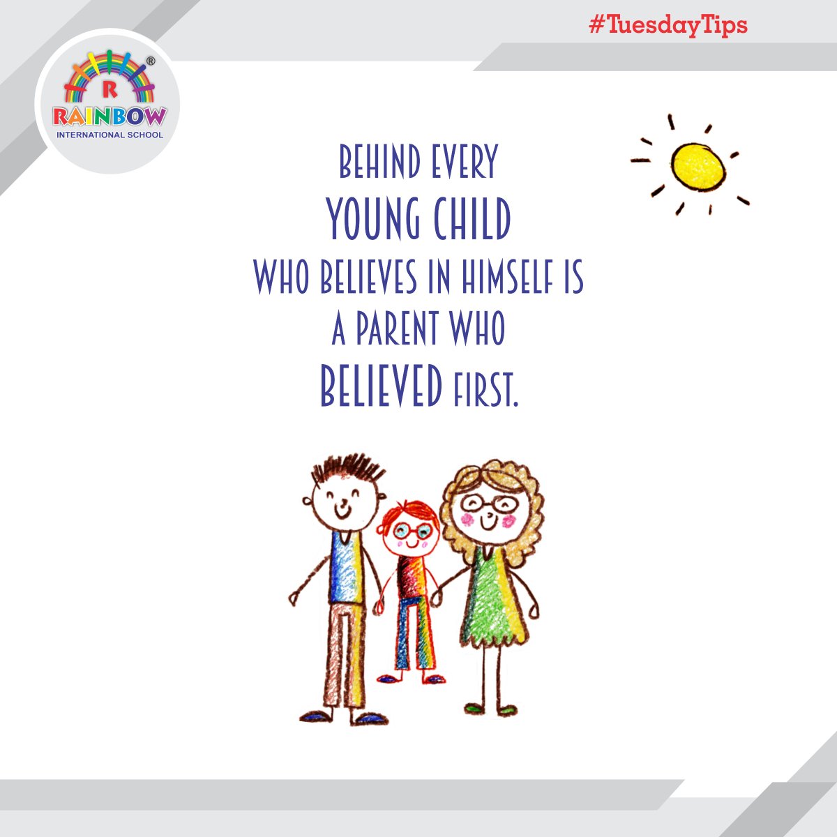 rainbowCBSE's tweet photo. Believing is powerful!
We become what we believe. Similarly, Kids learn what they see. Showing trust and cheering them up for their achievement and failure goes a long way in building their confidence.
#RainbowInternationalSchool #TuesdayTips #ParentingTips https://t.co/ivwyctqTPX