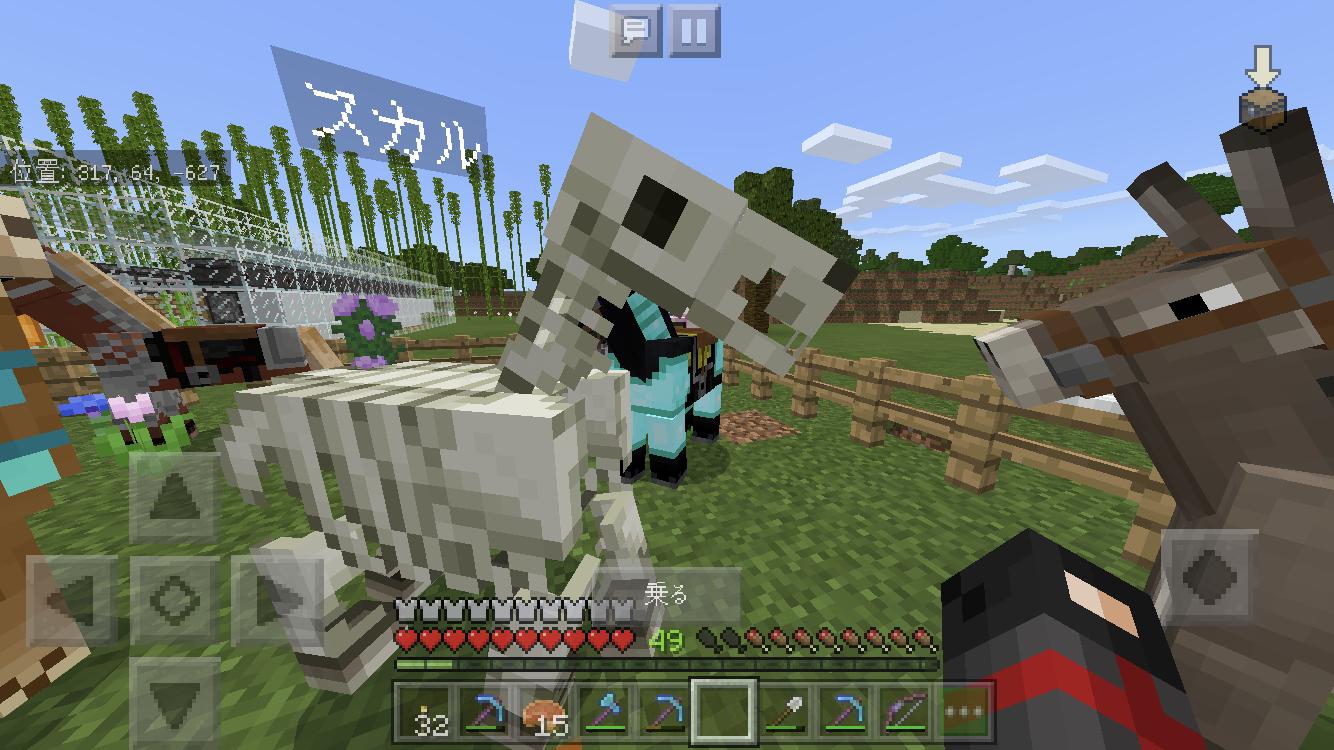 マイクラ中毒者 スケルトンホースとようやく出会えた 二連続もw 合計8頭とも無事 でもとりあえず1頭だけ連れて帰るか 拠点の動物達は誰もスケルトンホースを怖がらず受け入れてくれてるようだな よかった マイクラpe スケルトンホース T