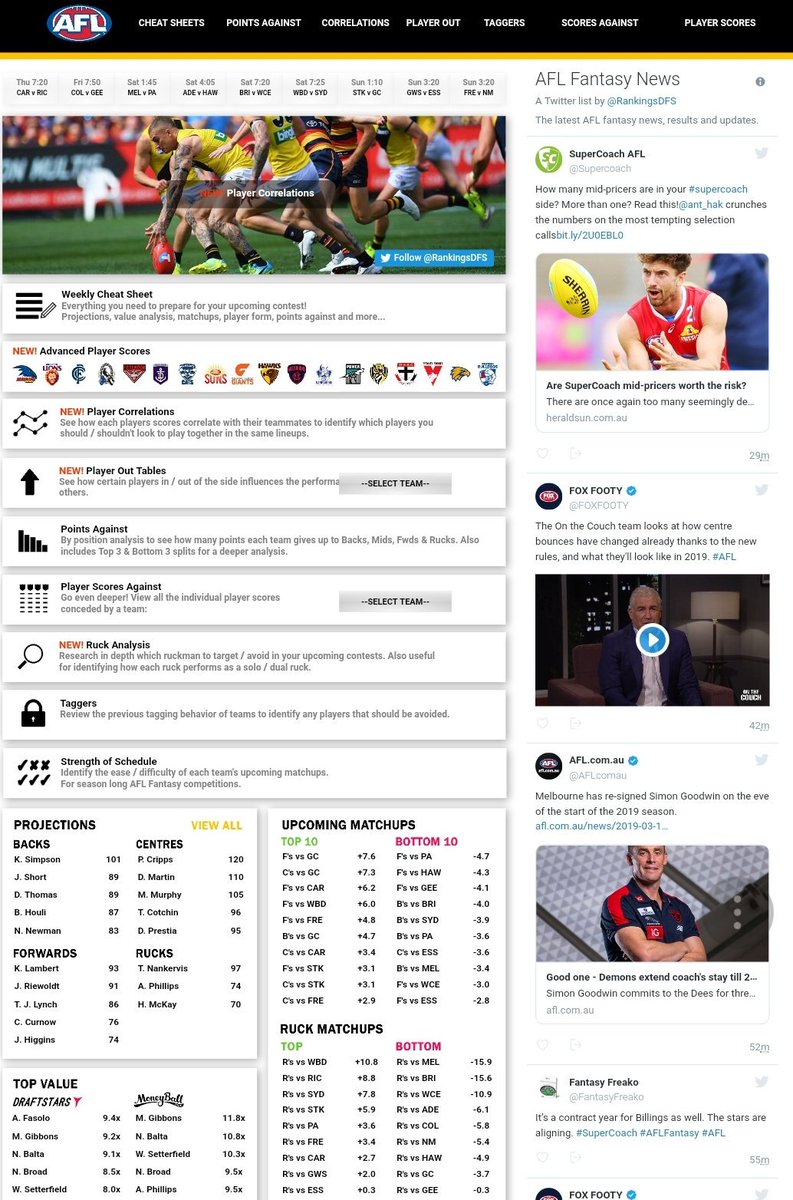 RankingsDFS's tweet image. Introducing .. AFL Resources!!!

The team at DFR are super excited to announce the launch of our FREE #AFL #DFS resources section!

Our famous cheat sheets will be accompanied all season long by a huge range of research tools. Check them out!

dailyfantasyrankings.com.au/resources/afl/…