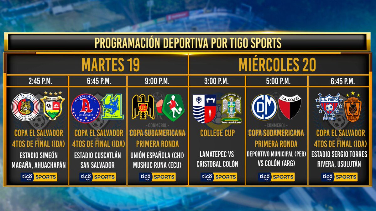 🚨 MAÑANA DEPORTE A TODO DAR POR <a href="/TigoSports_SV/">Tigo Sports</a> 

⚽️ 2 juegos de <a href="/CopaElSalvador/">Copa El Salvador</a> 
⚽️ 1 juego Copa Sudamericana

📺 Canal 3,300&amp;1001
