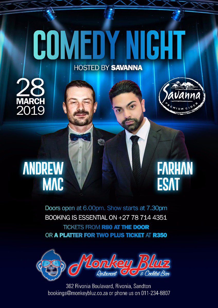 #comedynight 28 March <a href="/MonkeyBluz/">MonkeyBluz 🍴</a> Tickets R80 or platter for Two plus tickets R350. Bookings are essential +27 78 714 4351. Hosted by #Savanna #Specials. Join us for this side-splitting show #Comedy #Partytime #Rivonia #DJs #dancemusic #Food