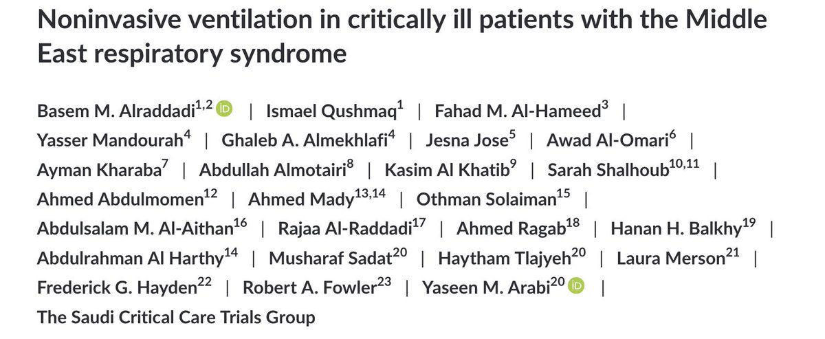 YaseenarabiYa's tweet photo. Is noninvasive ventilation effective in preventing intubation in #MERS?
Vast majority (92%) required intubation, more O2 rescue therapy, no difference in mortality. #SCCTG @BasemAlraddadi @kaimrc_ksa @KSAU_HS 

To access the article https://t.co/DJVG2tOzMj https://t.co/ZbVhdXRbbb
