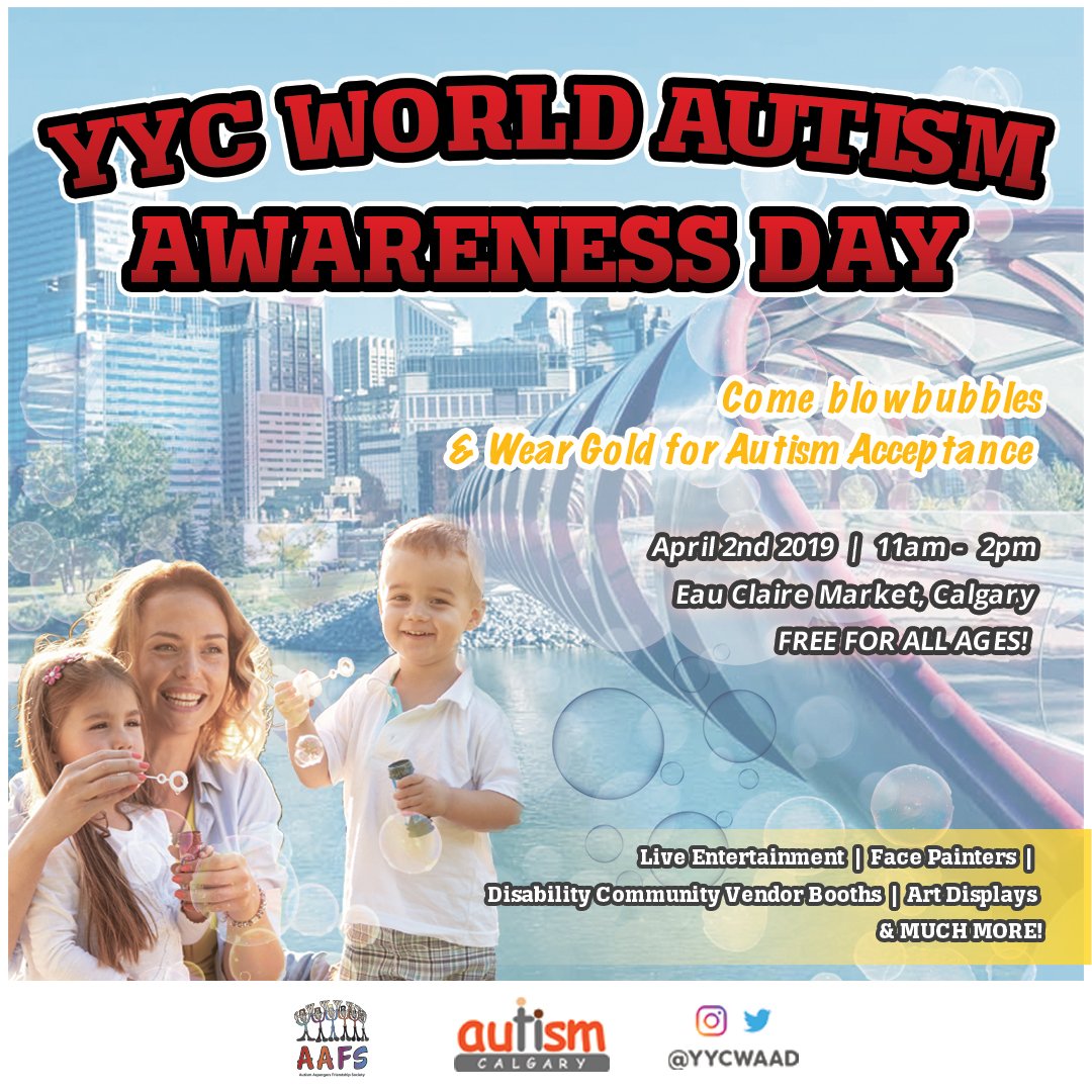 YYCWAAD's tweet photo. Join the Autism community and general public on April 2nd, from 11 a.m. – 2 p.m. at Eau Claire Market for the 6th annual YYC World Autism Awareness Day! Don’t forget to wear gold colours as a representation of Autism acceptance. The event is free for all ages! #WAAD2019 #YYC https://t.co/AD27uRpf2O