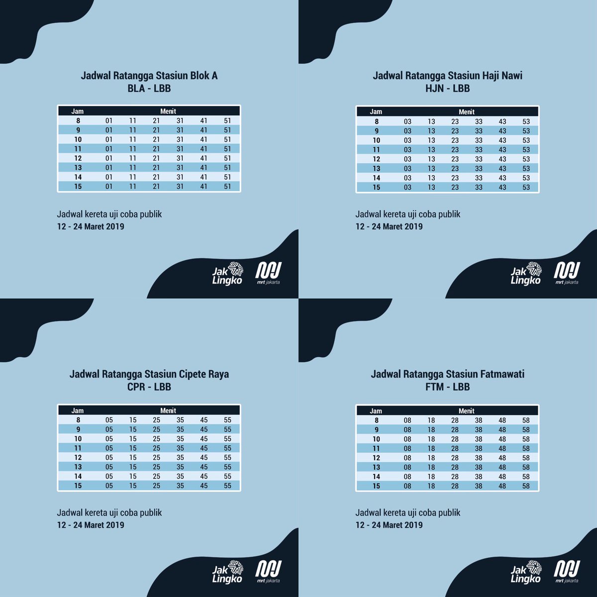 mrtjakarta's tweet photo. Berikut jadwal keberangkatan kereta Bundaran HI - Lebak Bulus selama uji coba publik 12-24 Maret 2019 #MRTJakarta #UbahJakarta https://t.co/isGS46WvG6