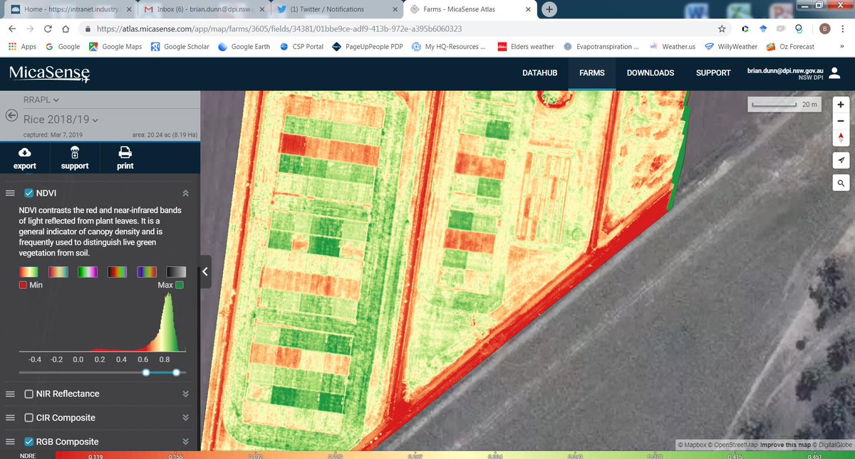 BrianDunn1287's tweet image. NDVI looks good also for the same image. 
At the beginning and end of the season NDVI works fine in rice. But in the middle of the season rice has too much biomass and NDVI saturates quickly. 
NDRE is not perfect but much better than NDVI at that time.