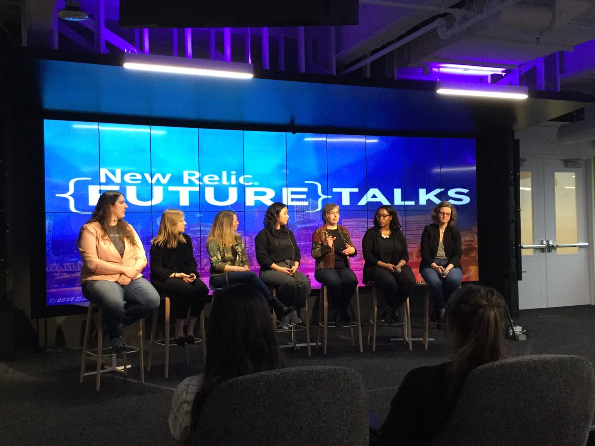 CarriBugbee's tweet image. Huge crowd at @newrelic for #WomenInTech event. Big panel of tech rockstars at #futuretalks talking about how they got to where they are now.