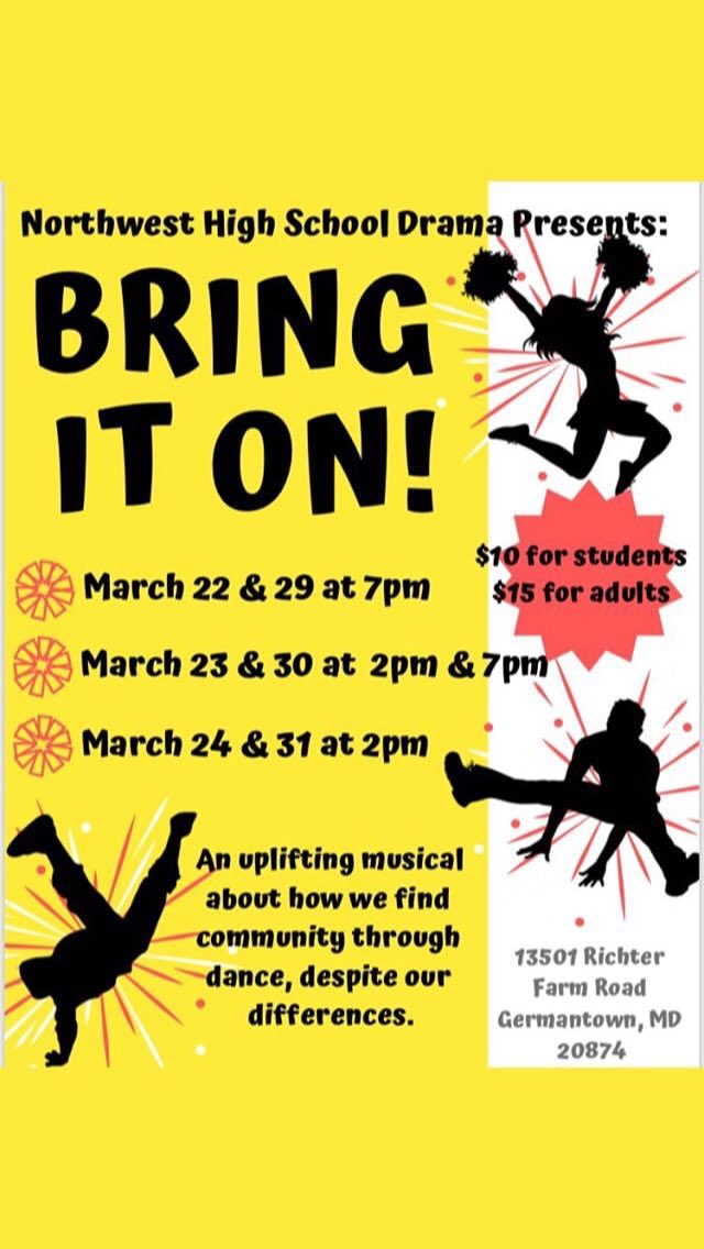 MelMal121's tweet photo. Just wanted to let y’all know that the NWHS production of Bring It On starts next Friday!!! Please be there! https://t.co/R98zSFsd23