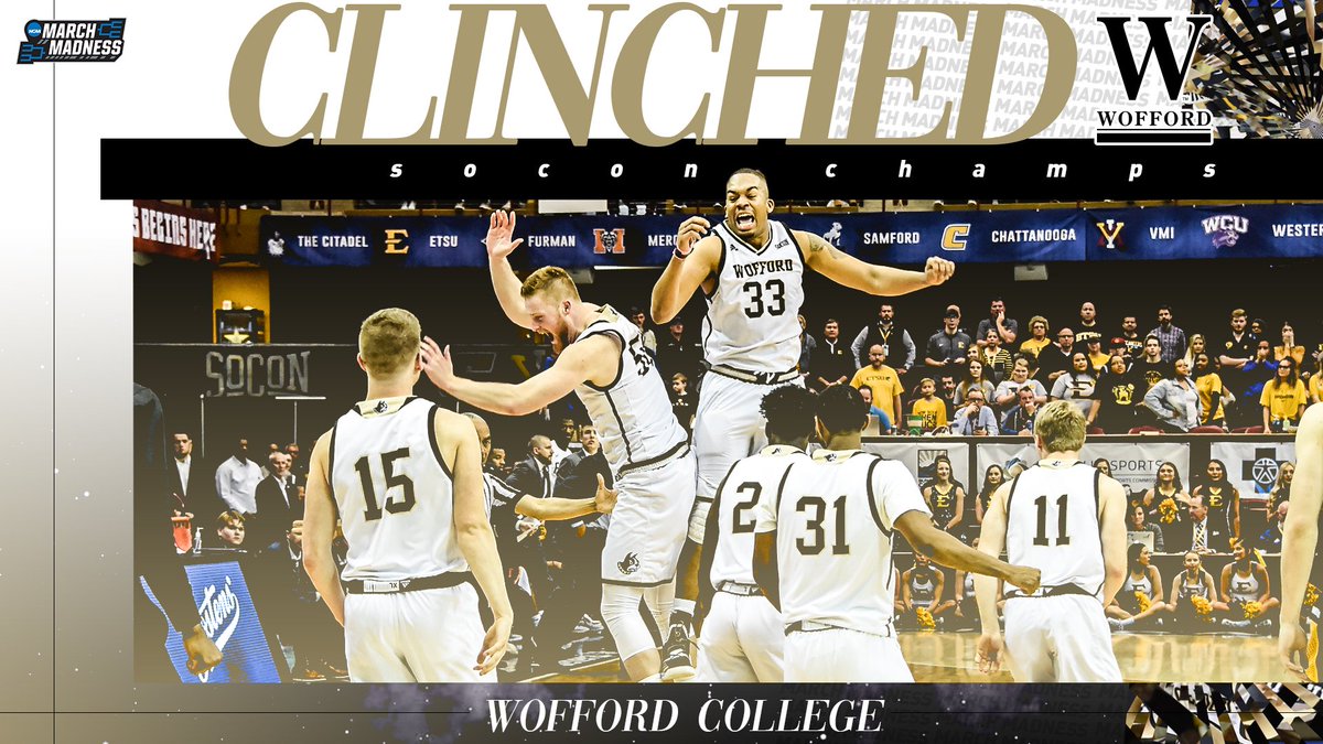 MarchMadnessMBB's tweet photo. TERRIERS DANCING!

@WoffordMBB will take a lot of momentum with them into the NCAA tournament after a big second half to take down UNC Greensboro 70-58 and clinch the Southern Conference title. https://t.co/wss9qkQc0x