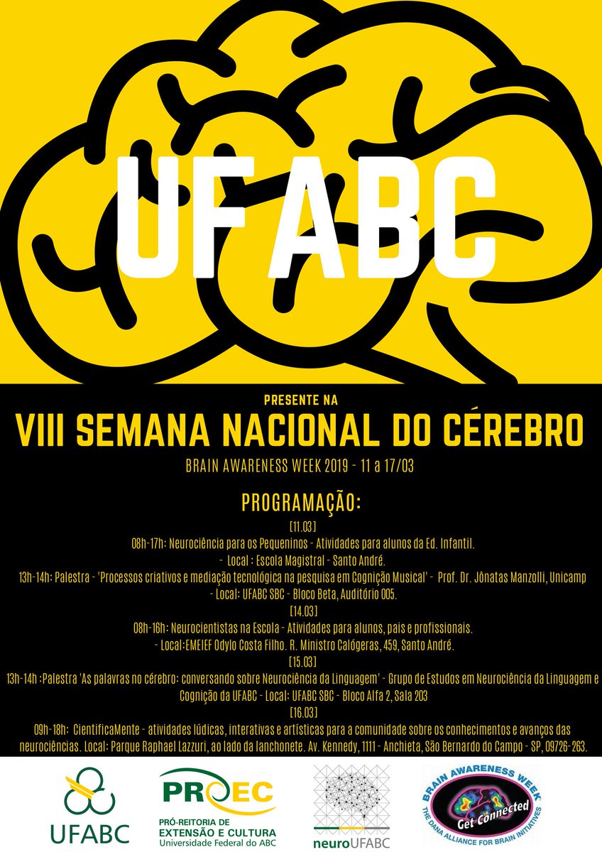 Entre os dias 11 e 17 de março, acontece a Semana do Cérebro 2019, e a Neuro UFABC estará presente!